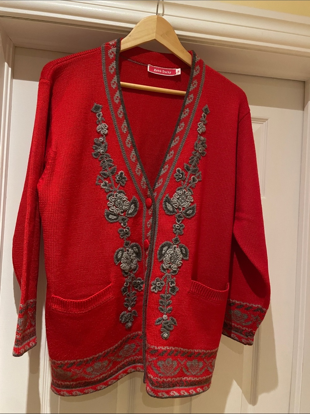 René Derhy Vintage Wool Blend Embroidered Cardigan Red Folk Boho Cottagecore M
